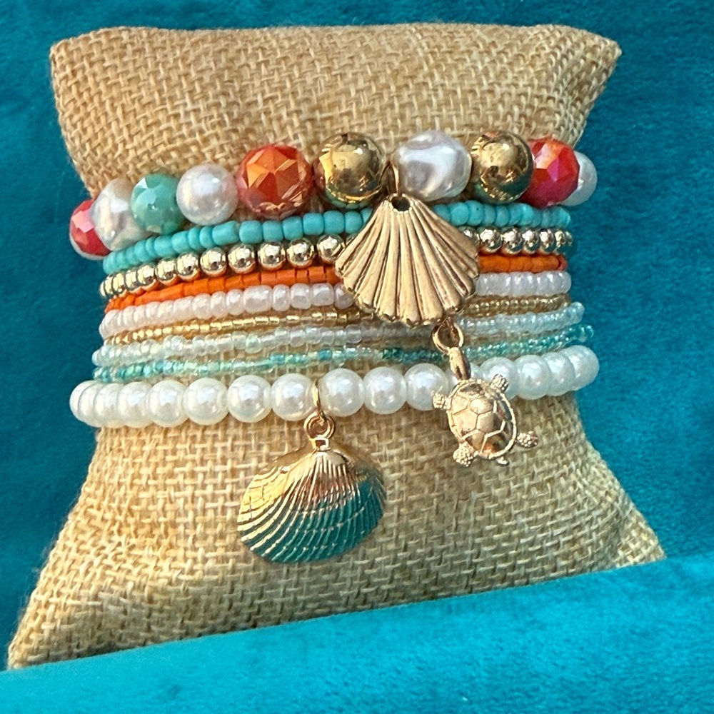 Gold Shell & Turtle Multicolor Strand Beaded Bracelet Set NEW - Picture 2 of 3